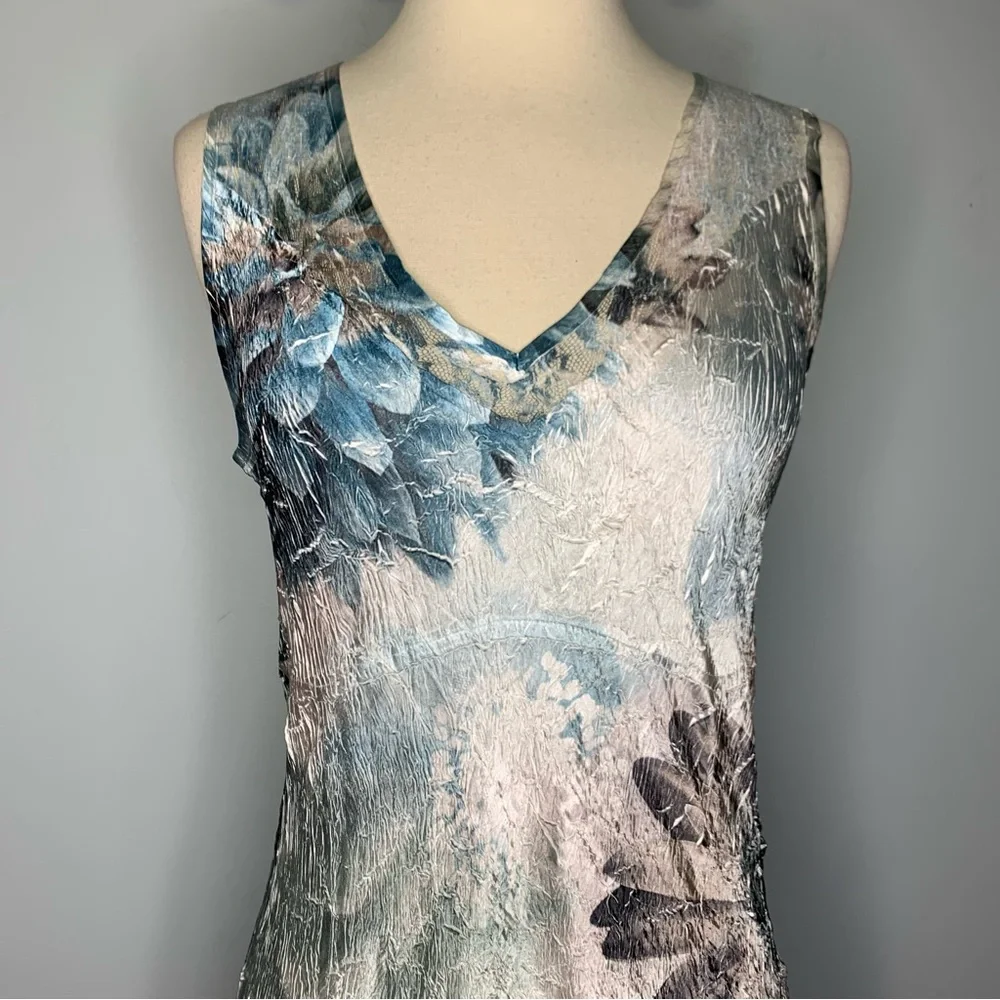 Komarov Charmeuse V-Neck Lace Up Back Crinkle Stretch Blue Floral Maxi Dress M - Picture 4 of 16
